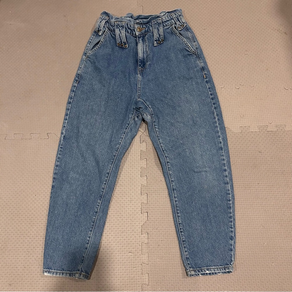 Zara 80s Inspired Paper Bag Styled Mid Wash 100% Cotton Anke Jeans Size 4